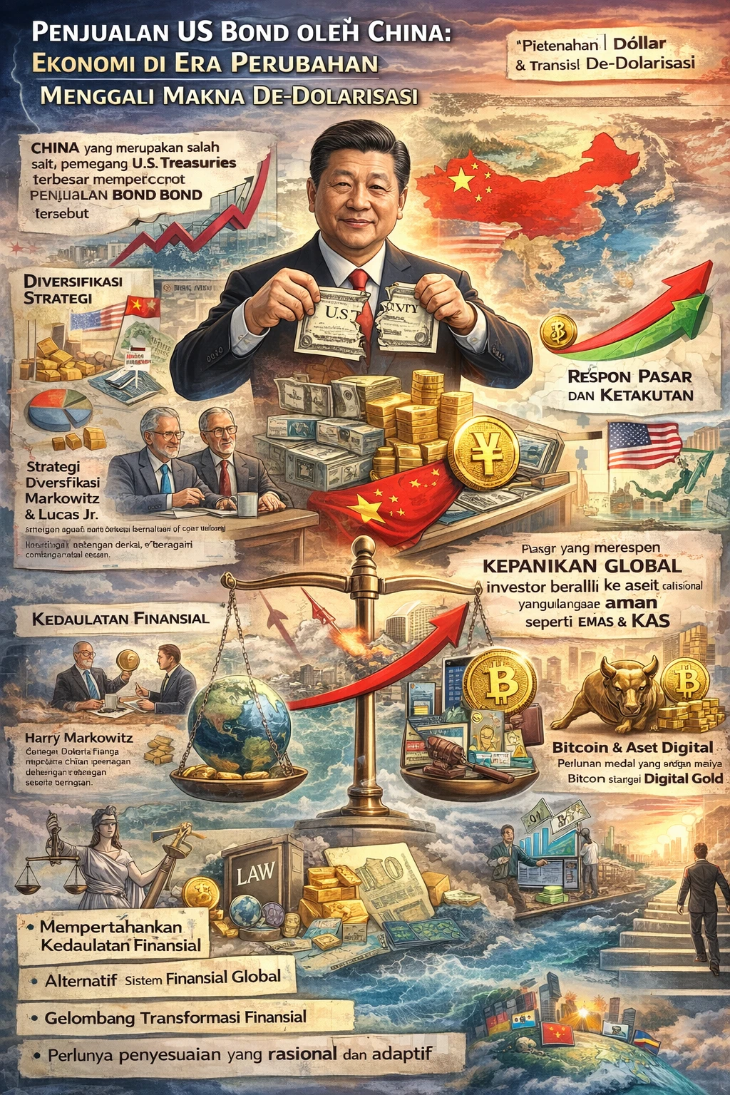 Ilustrasi dinamika de-dolarisasi China: penjualan US Treasury, penguatan emas dan yuan, serta pergeseran menuju sistem keuangan multipolar yang memicu respons global dan redefinisi kedaulatan finansial. (Ilustrasi dibuat oleh AI: Chat GPT).